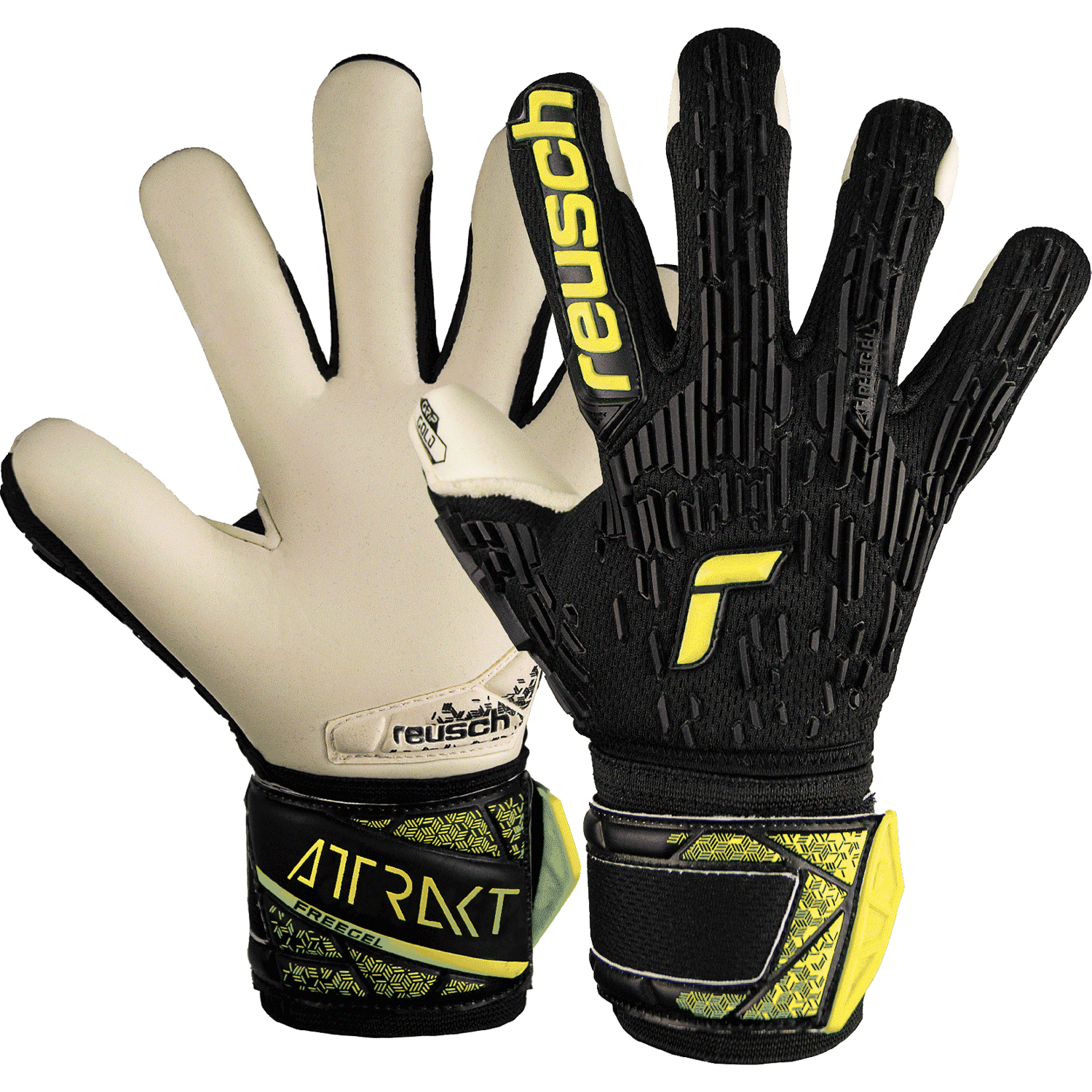 reusch Attrakt Freegel Gold Finger Support Youth Goalkeeper Gloves Black Safety Yellow