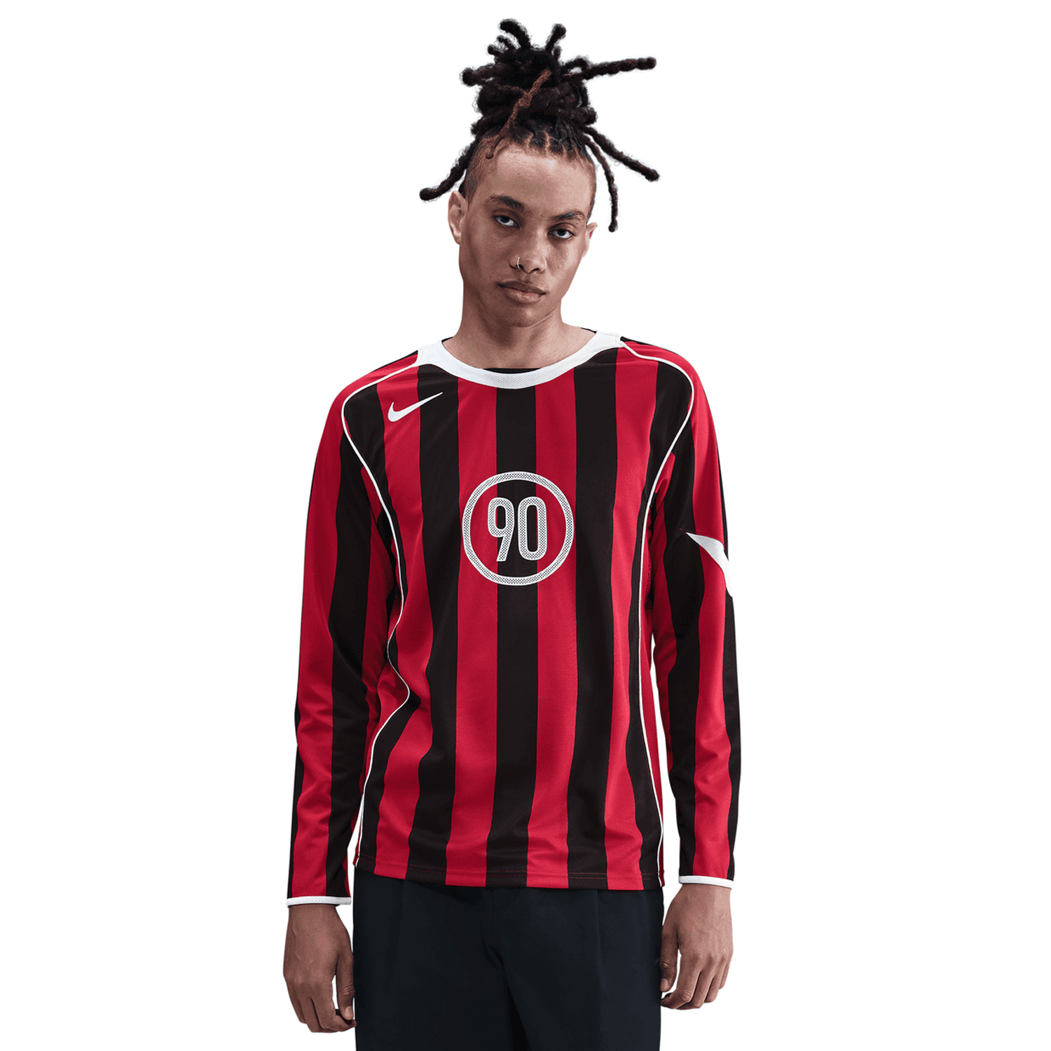 Camiseta Nike Total 90 Dri-FIT de manga corta con rayas rojas y negras para hombre